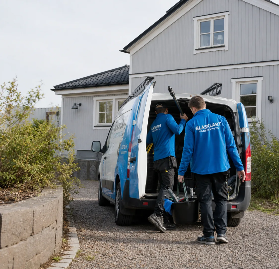 Två medarbetare från Glasklart vid servicebilen